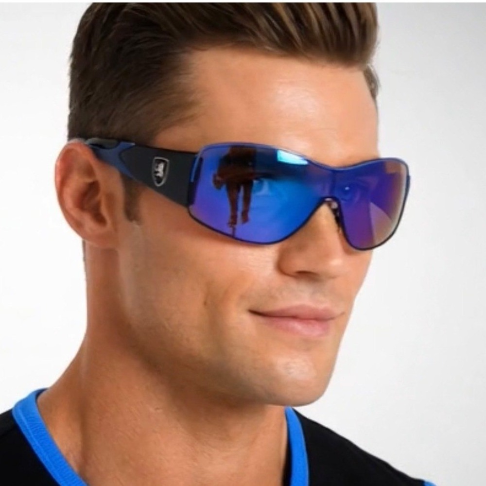 Mens Shield Sunglasses Black Blue Mirror Lens‎ Sport Wrap Performance Activity